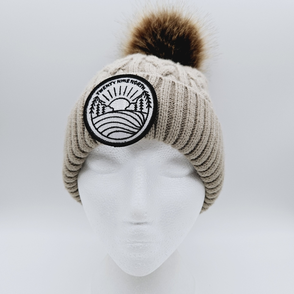 AJM | Twenty Nine North large patch pompom cable knit beanie toque winter hat